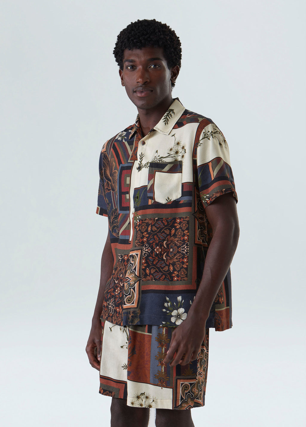 CAMISA PATCHWORK MC AZUL/OCRE
