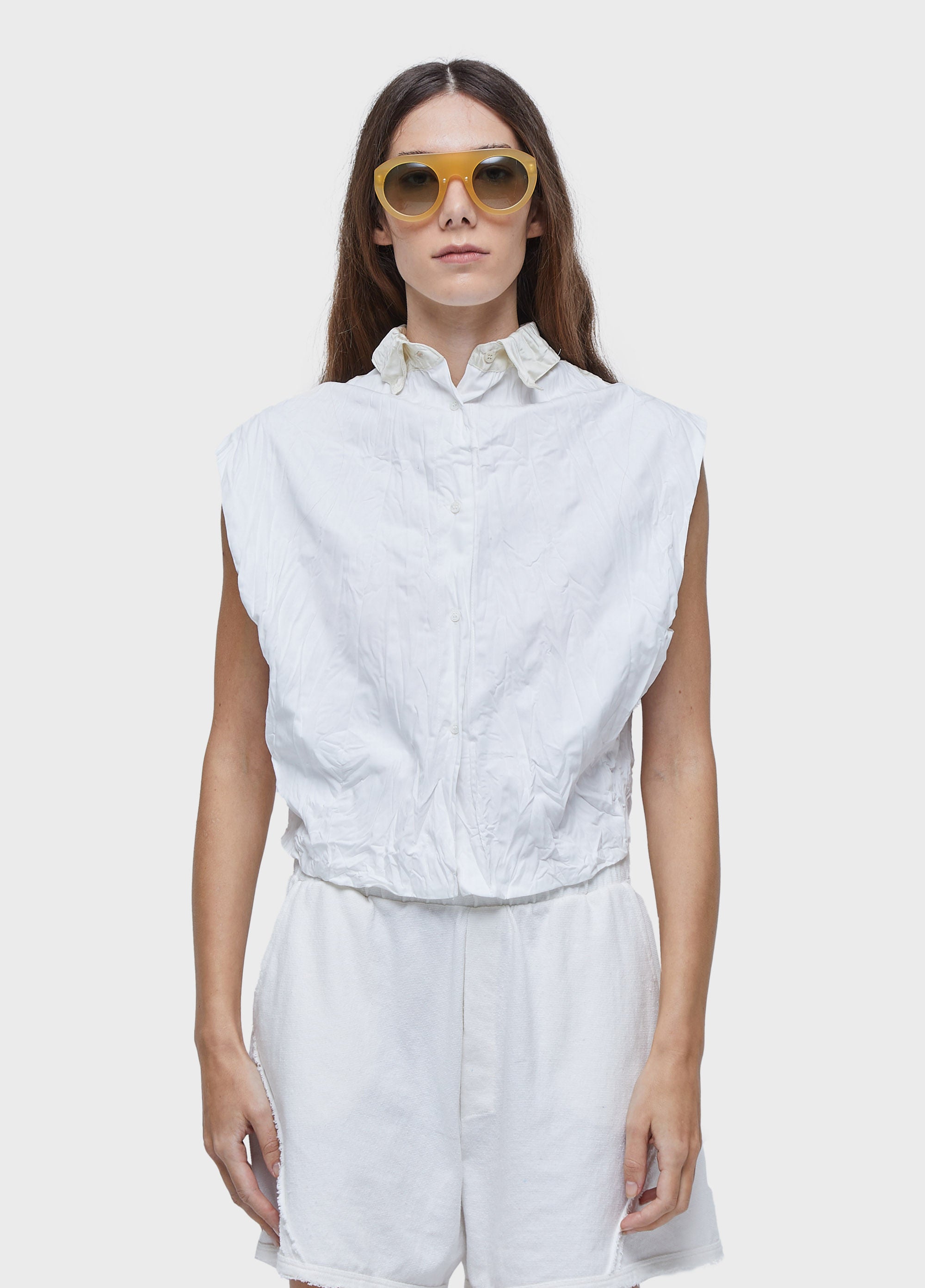 CAMISA SLEEVELESS WRINKLED SATIN + TRICÔ