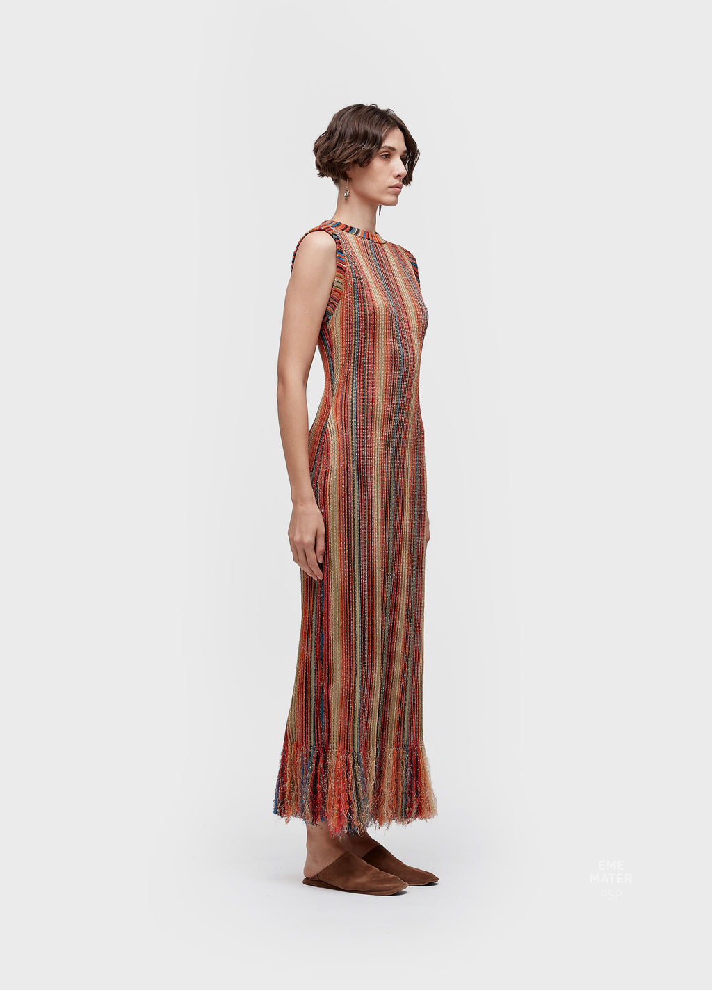 VESTIDO TRICOT LONGO NERVURAS VERMELHO/AZUL
