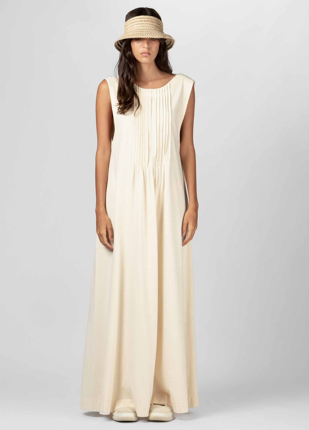 VESTIDO SLEEVELESS PREGAS AREIA