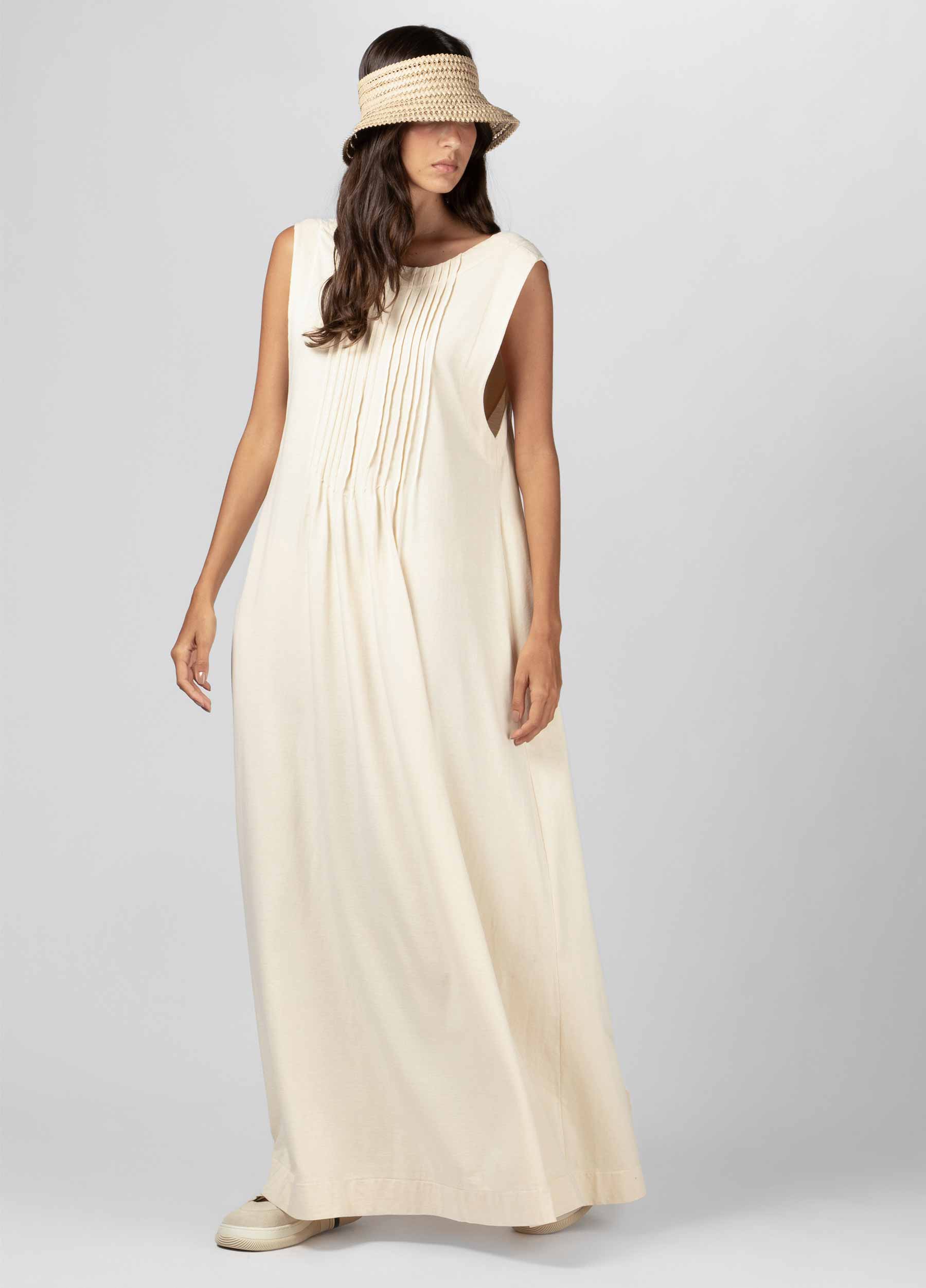 VESTIDO SLEEVELESS PREGAS AREIA