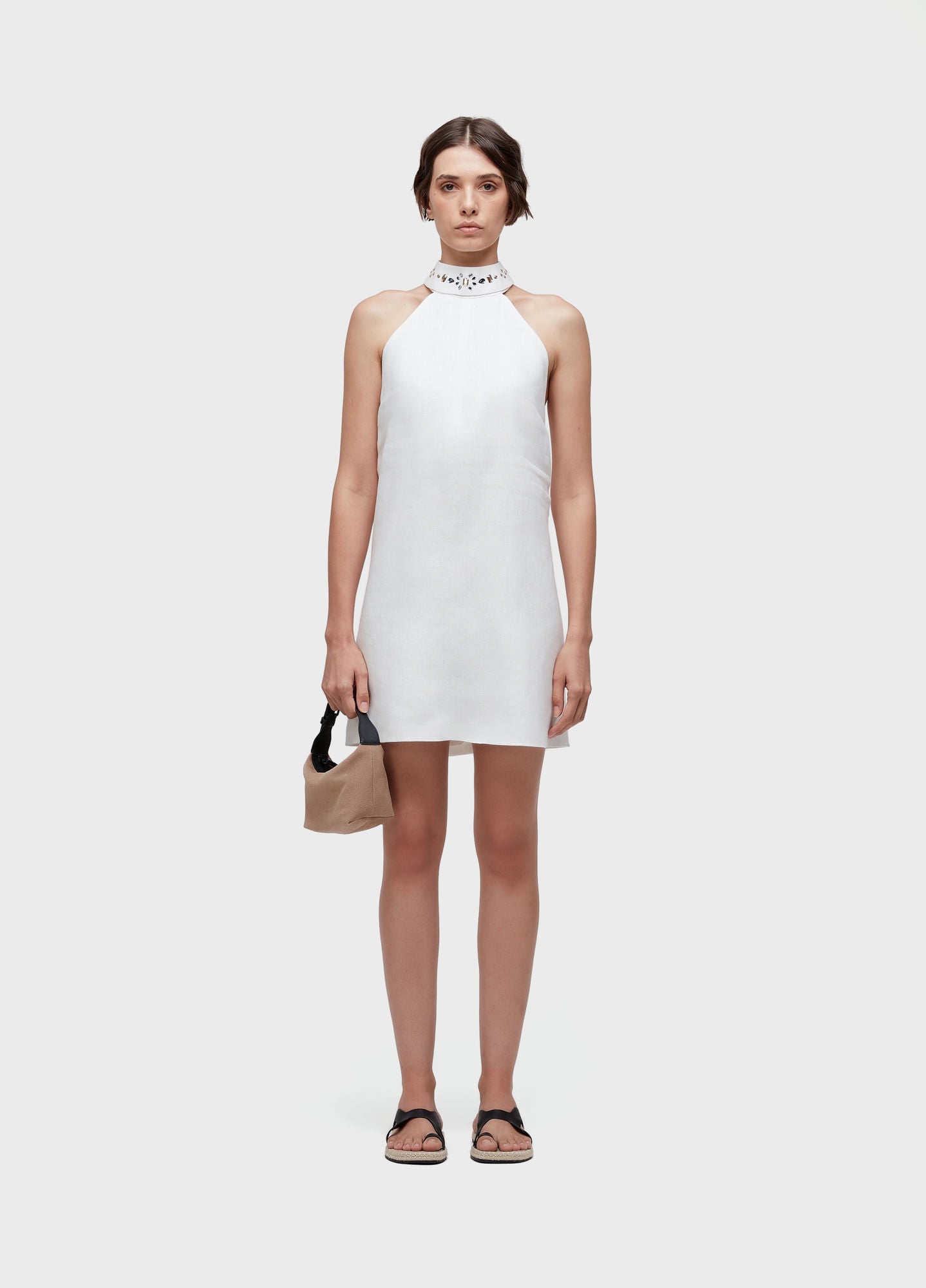 VESTIDO CURTO GOLA CRISTAIS OFF-WHITE