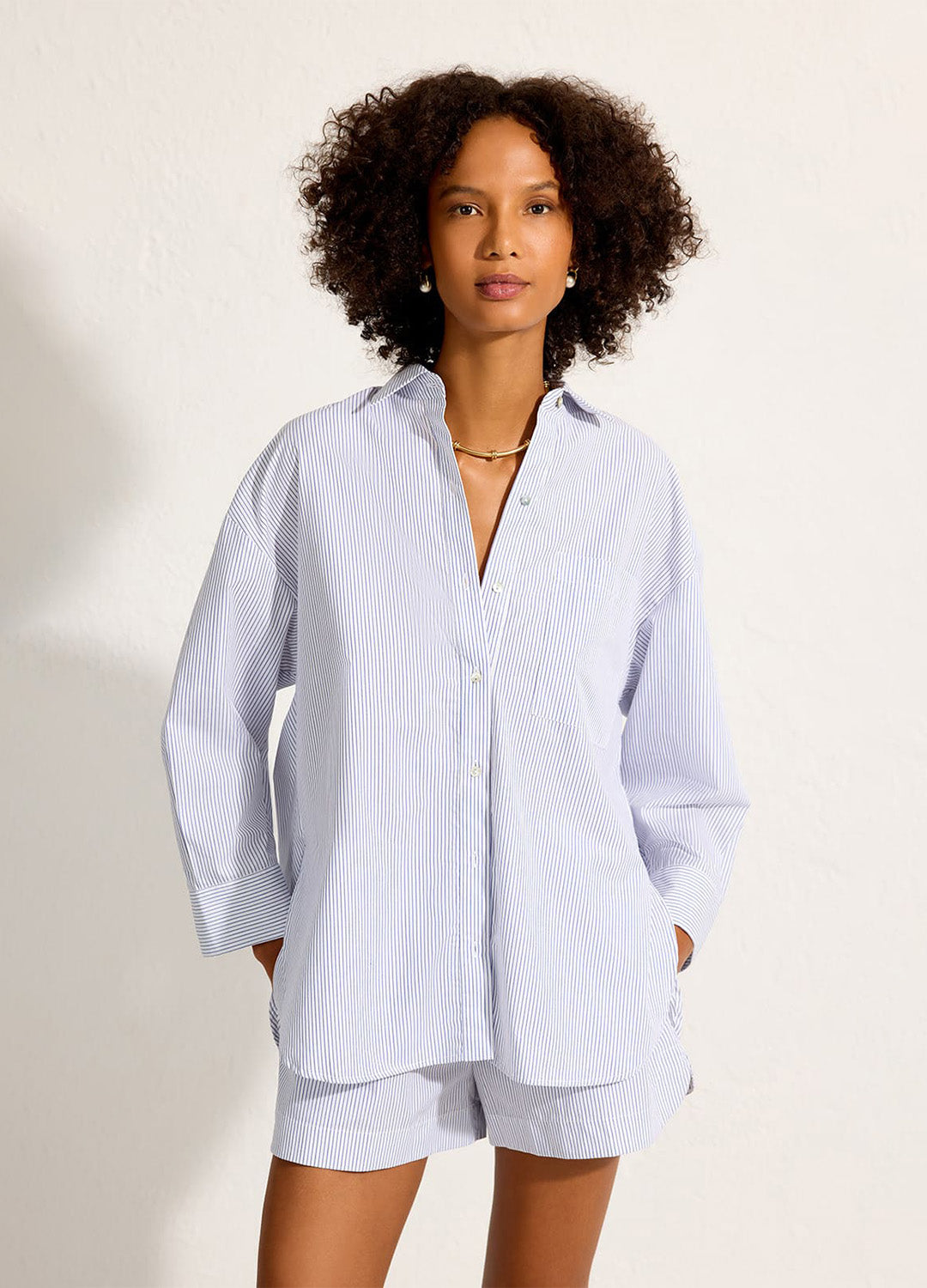 CAMISA LISTRA FIO TINTO OFF-WHITE MARINHO