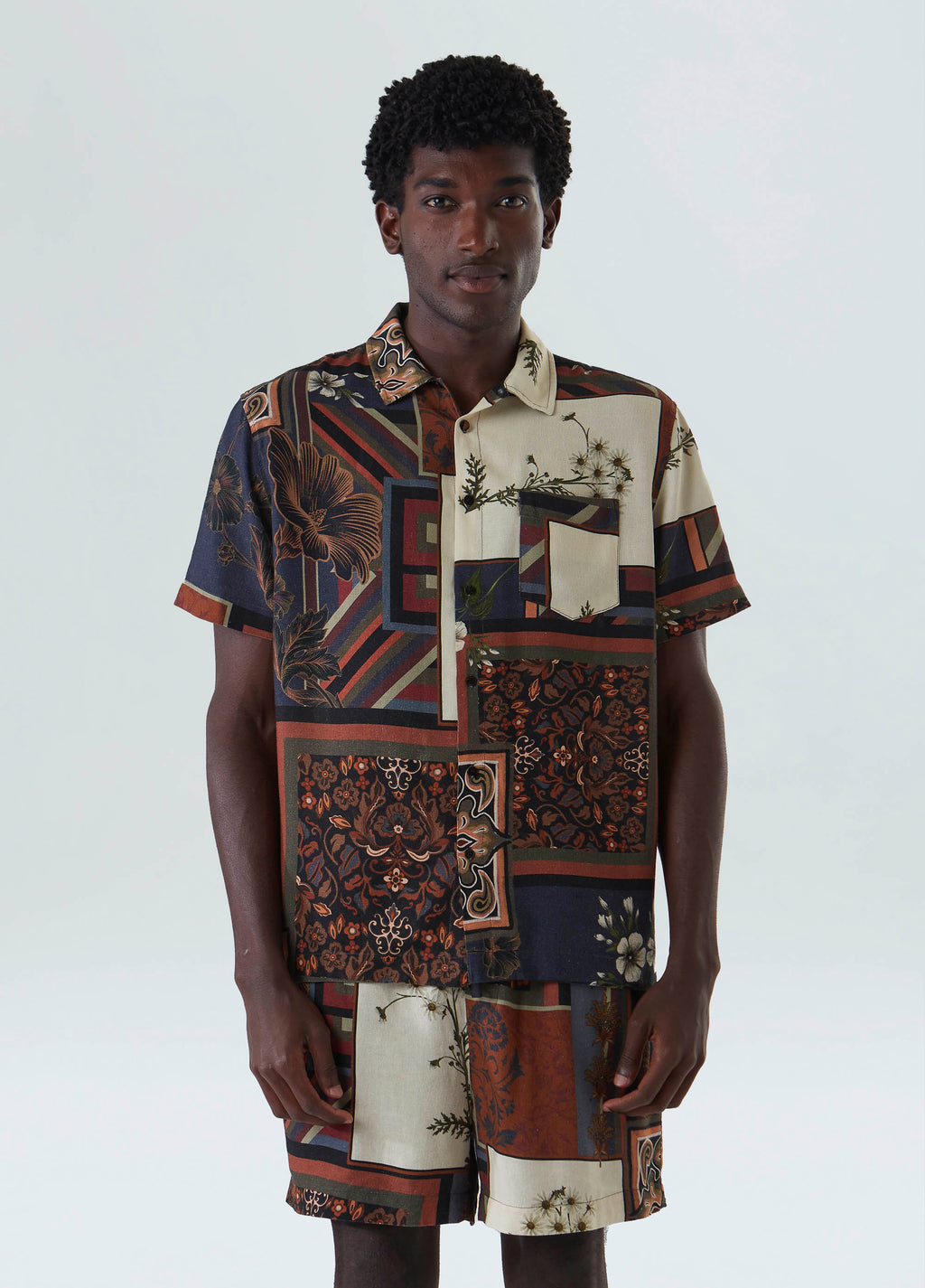 CAMISA PATCHWORK MC AZUL/OCRE
