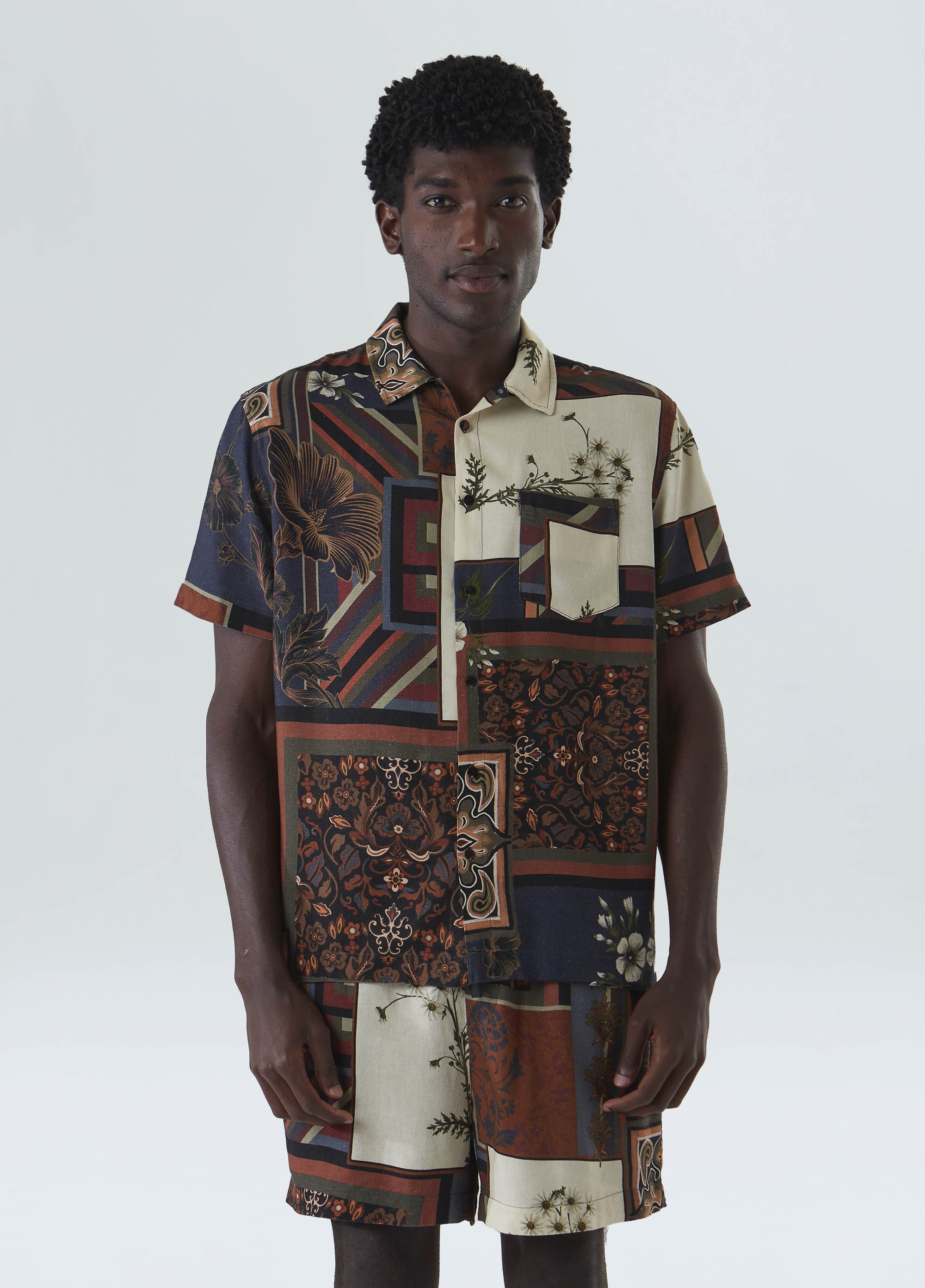 CAMISA PATCHWORK MC AZUL/OCRE