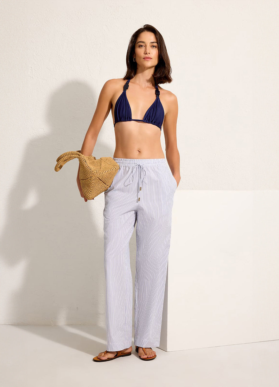 CALÇA RETA ELÁSTICO OFF-WHITE MARINHO